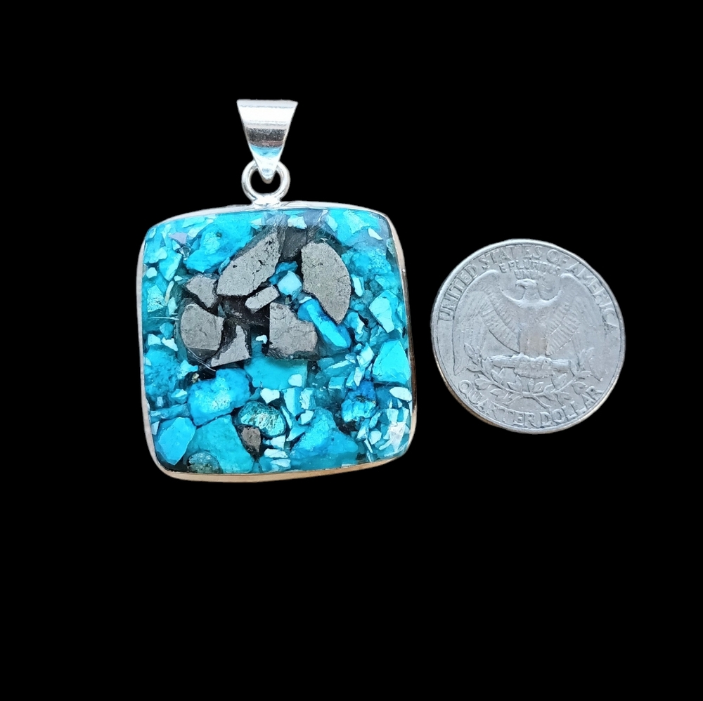 Natural Turquoise with Golden Pyrite 925 Sterling Silver Square Pendant Necklace